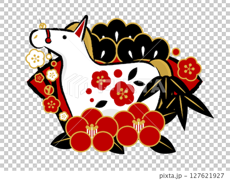 午年年賀状アイコン01、赤黒、白馬、扇と椿と松竹梅、かわいい、イラスト 127621927