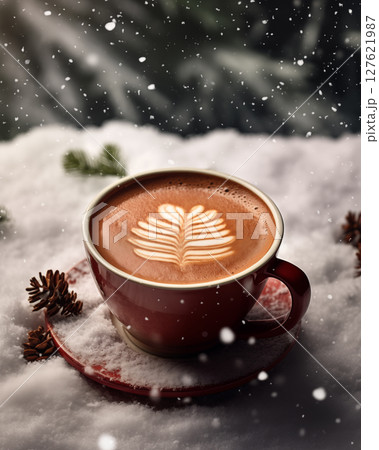 Hot coffee, placed on snow, winter scene 127621987
