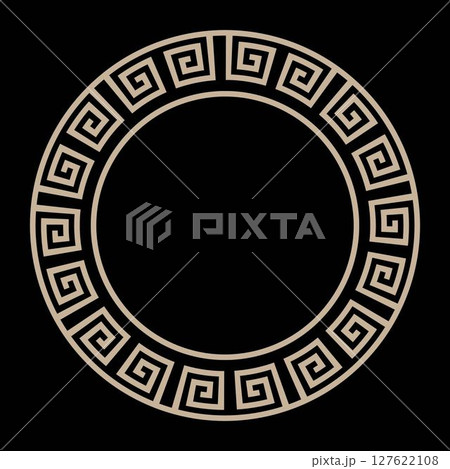 Vector gold round classic frame. Greek meander. Round antique border of Greek. Patterns of Greece and Ancient Rome. Round European border. Typical Egyptian, Assyrian and Greek motifs. Vector gold round classic frame. Greek meander. Round antique border of Greek. Patterns of Greece and Ancient Rome. Round European border. Typical Egyptian, Assyrian and Greek motifs. 127622108