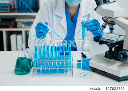 Modern medical research laboratory. female scientist working with micro pipettes analyzing biochemical samples, advanced science chemical laboratory 127622583