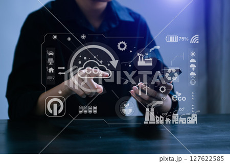 ESG concept of environmental, Green ethical business preserving resources, reducing CO2, Business person working on laptop virtual smartphone to reduce CO2 127622585
