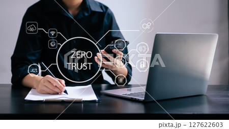 Zero trust security concept Person using computer and tablet with zero trust icon on virtual screen of Data businesses Zero trust security concept Person using computer and tablet with zero trust icon on virtual screen of Data businesses 127622603