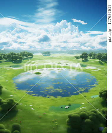 Green meadows in a wide forest 127622615