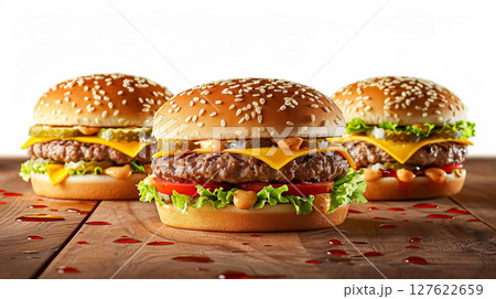 Tempting cheeseburgers on a rustic wooden table with scattered sauce. Each features a juicy patty, melted cheese, fresh lettuce, tomato, pickles, and special sauce on a sesame seed bun. 127622659