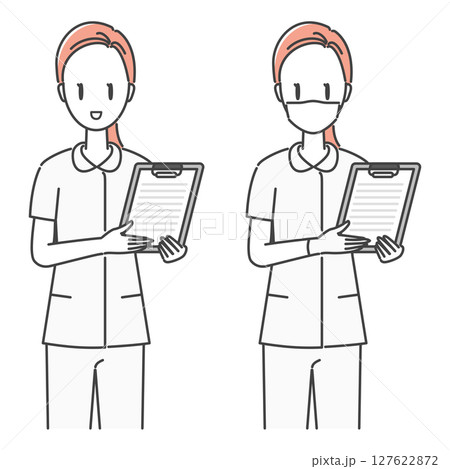 イラスト素材：患者に問診票・同意書を案内する女性看護師（モノカラー|シンプル）<ビジネス資料向け> 127622872