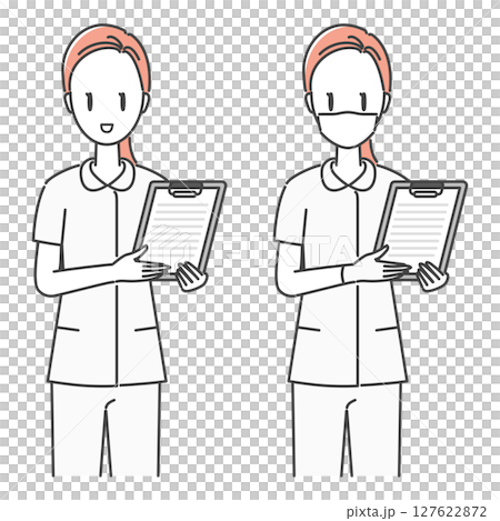 イラスト素材：患者に問診票・同意書を案内する女性看護師（モノカラー|シンプル）<ビジネス資料向け> 127622872