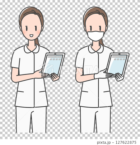 イラスト素材：患者にタブレットの電子カルテ・問診票を案内する女性看護師（マスクあり・なし） 127622875