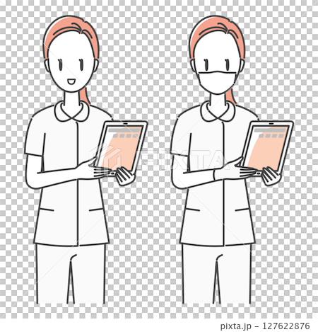 イラスト素材：患者にタブレットの電子カルテ・問診票を案内する女性看護師（モノカラー|シンプル） 127622876