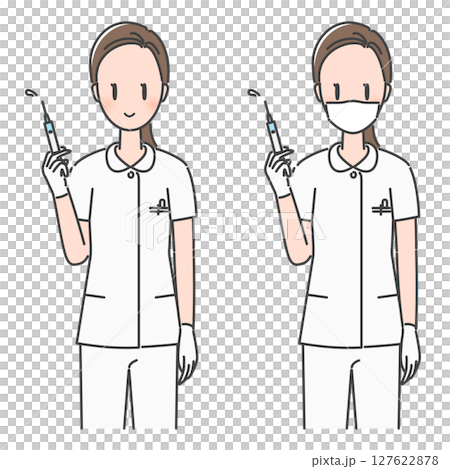 イラスト素材：ワクチン・予防接種の注射器を持つ女性看護師（マスクあり・なし）<説明資料向け> 127622878
