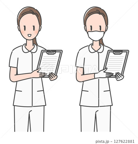 イラスト素材：患者に問診票・同意書を案内する女性看護師（マスクあり・なし）<説明資料向け> 127622881