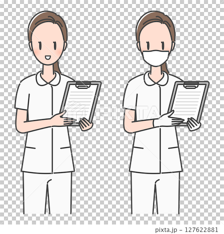 イラスト素材：患者に問診票・同意書を案内する女性看護師（マスクあり・なし）<説明資料向け> 127622881