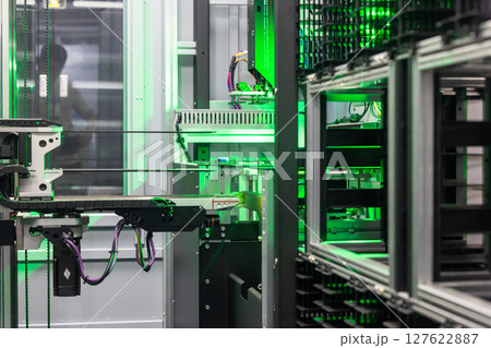 Automated industrial storage system with green light, Smart warehouse automation modern storage and retrieval system, Industry 4.0 automated robotic storage warehouse. 127622887