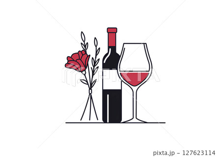ワインボトルとワイングラスと花の2Dイラスト。ミニマルで大胆なロゴ。 127623114