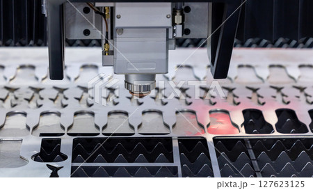 CNC laser cutting machine precision metal fabrication technology modern industry, High precision CNC laser cutting machine industrial metal sheet fabrication with spark. 127623125