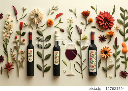 視覚トリックを使った不思議なワインボトルとワイングラスと花のある背景画像 視覚トリックを使った不思議なワインボトルとワイングラスと花のある背景画像 127623204