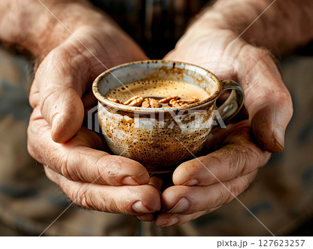 Hands holding a cup of coffee. Close-up a cup of coffee held in hands. AI Generated. 127623257