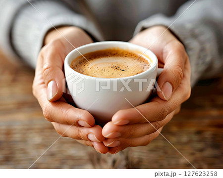 Hands holding a cup of coffee. Close-up a cup of coffee held in hands. AI Generated. 127623258