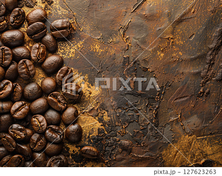 Coffee beans on dark background with copy space. AI Generated. 127623263