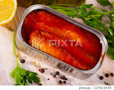 Mackerel fillet in tomato sauce in can 127623439