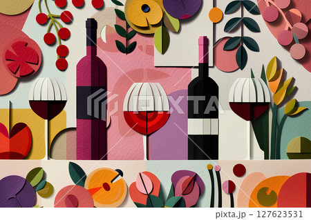 視覚トリックを使った不思議なワインボトルとワイングラスのある背景画像-3 127623531