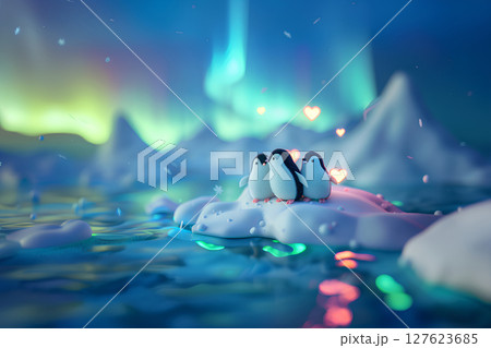 オーロラの空と氷山とペンギン（3D） 127623685