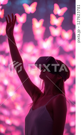 woman in virtual reality headset or 3d glasses 127623781