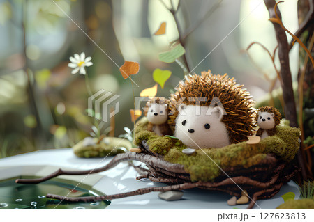 ハリネズミの親子と枝の住まい（3D） 127623813