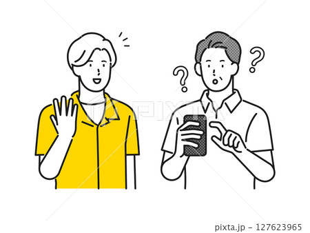 イラスト素材：スマホを見ているシニア男性と話しかける男性のイラスト 127623965