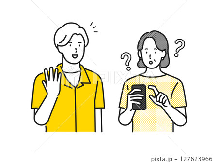 イラスト素材:スマホを見ているシニア女性と話しかける男性のイラスト イラスト素材:スマホを見ているシニア女性と話しかける男性のイラスト 127623966