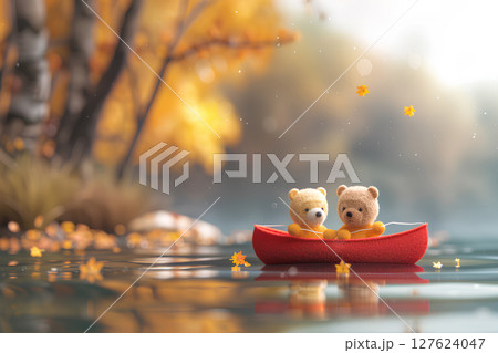 紅葉の川とカヌーに乗るクマさん（3D） 127624047