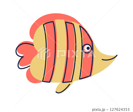 Flat cartoon vector illustration of bright striped butterfly fish character. Colorful tropical marine animal in cute kids style for ocean themed designs, educational materials, nursery decor, posters 127624353