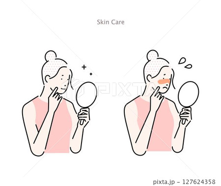 日焼けに悩む女性とスキンケアをして肌の整った女性のイラストベクター素材 127624358