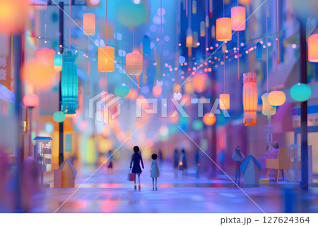 夏の風物詩。夏祭りの夜。七夕飾りが飾られた商店街 127624364