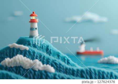 岩壁に建つ灯台と青い海（3D）-1 127624376