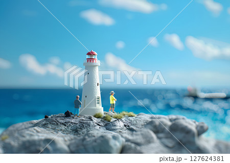 岩壁に建つ灯台と青い海(3D)-1 岩壁に建つ灯台と青い海(3D)-1 127624381