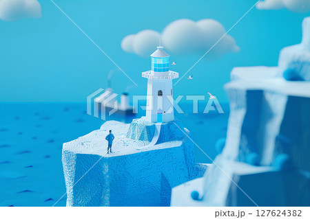 岩壁に建つ灯台と青い海（3D）-1 127624382