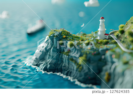 岩壁に建つ灯台と青い海(3D)-1 岩壁に建つ灯台と青い海(3D)-1 127624385
