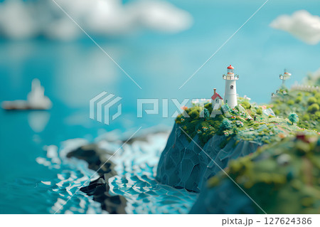 岩壁に建つ灯台と青い海(3D)-1 岩壁に建つ灯台と青い海(3D)-1 127624386