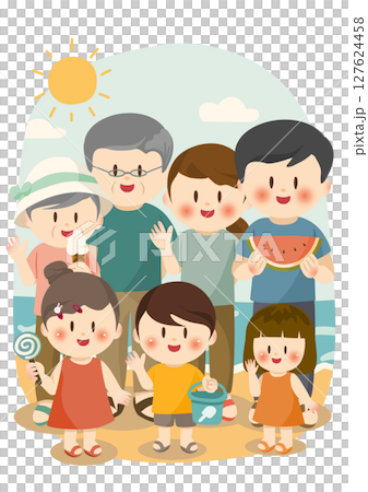一個可愛的插圖,一家人在夏天在海灘上閒逛 一個可愛的插圖,一家人在夏天在海灘上閒逛 127624458
