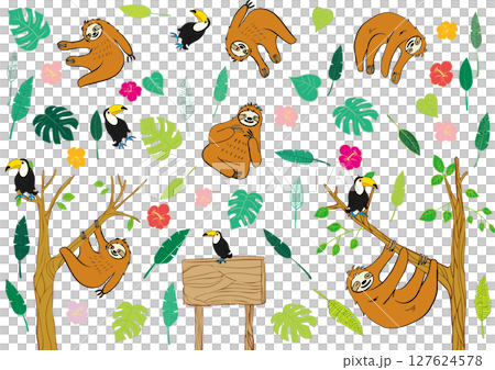 可愛的樹懶和葉子扁平材料套裝 127624578