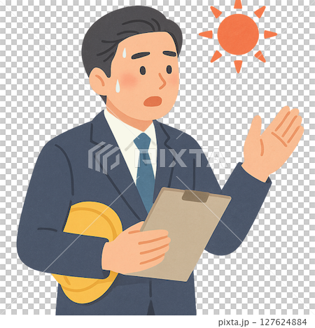 一位西裝革履的男士在烈日下揮汗如雨地在現場發出指示的插圖，一位商人在酷熱的戶外發出工作指示的插圖 127624884