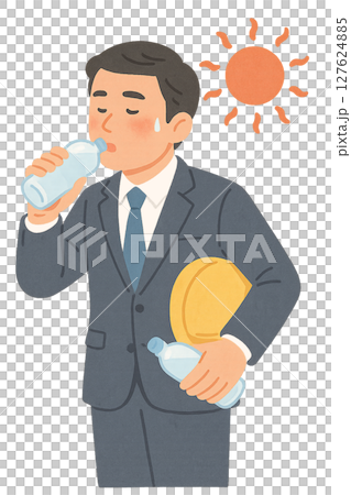 一名身穿西裝的男子在酷熱中在戶外補水的插圖，一名商人在烈日下採取措施防暑的插圖， 127624885