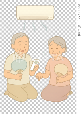 エアコンと扇子で暑さに耐える高齢夫婦, 室内熱中症を防ぐ高齢者の暑さ対策, 暑さに苦しむ高齢夫婦の夏 127624888