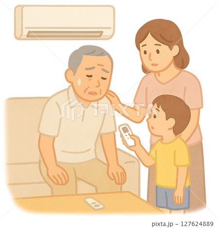 エアコンの効いた室内で体調を崩す高齢男性, 室内熱中症に気づく家族のイラスト, 高齢者の熱中症対策を 127624889