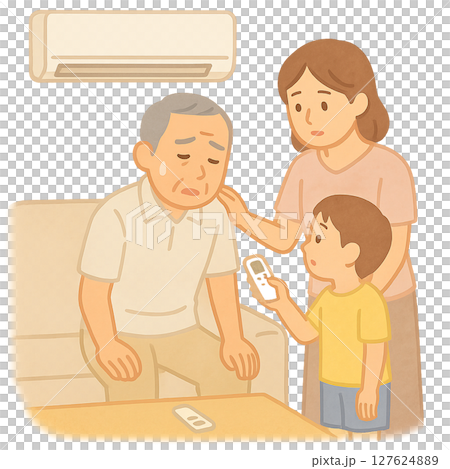 一位老人在空調房間內生病，一位家庭成員在室內注意到中暑的插圖，老年人的防暑措施 127624889