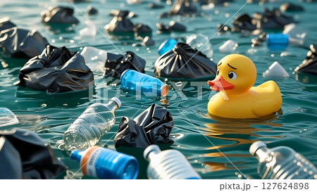 海洋投棄されたプラスチックごみに囲まれるラバーダック 127624898