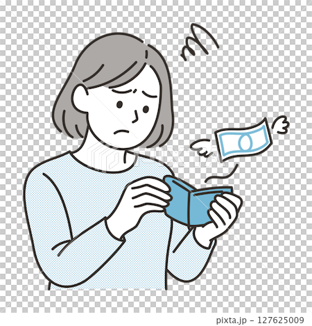 A woman looking down at her wallet 127625009