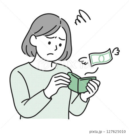 財布を見て落ち込む女性 127625010