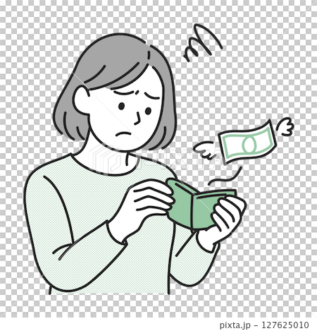 財布を見て落ち込む女性 127625010