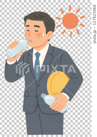 猛暑対策に水分補給するビジネスマン, 熱中症予防に水を飲むスーツ男性, 屋外作業前に水分補給するビジ 127625068